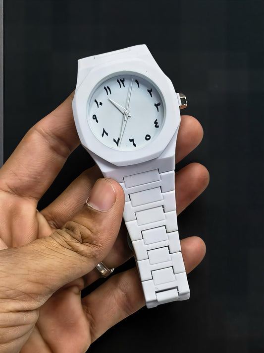 “Aura Classic White Unisex Watch with Arabic Numerals, Gift Box & Extra Battery”